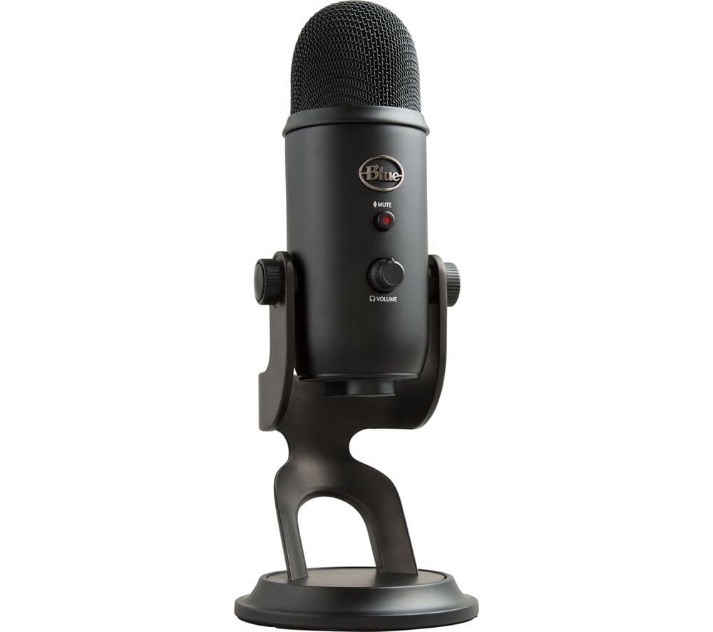 The USB microphone: The Blue Yeti, standing upright on a table against a white background.