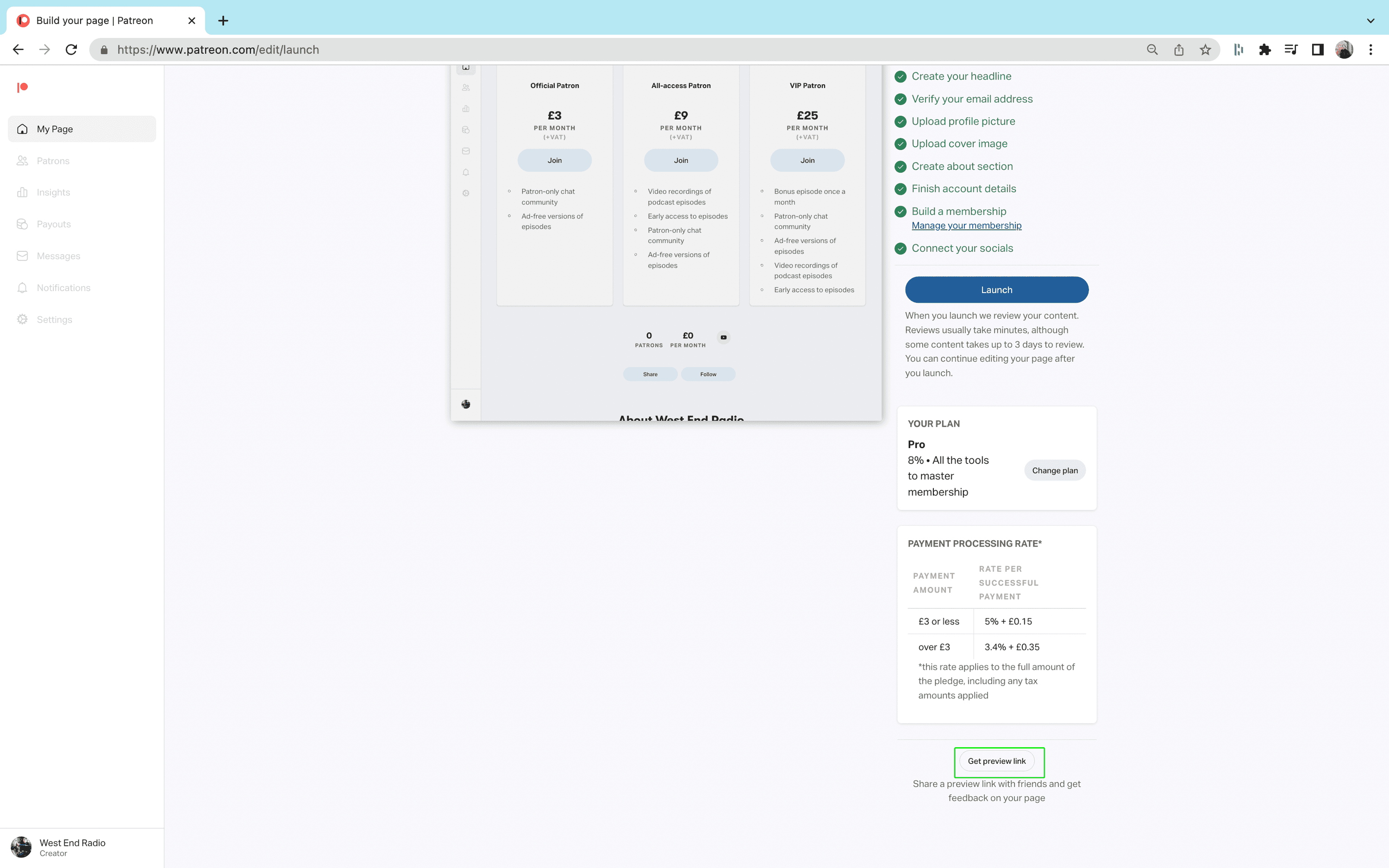 A screenshot showing where the Get Preview Link is in Patreon.