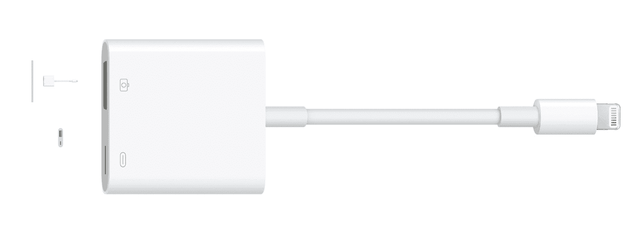 A birdseye view of an Apple Lightning to USB-3 Camera adapter.