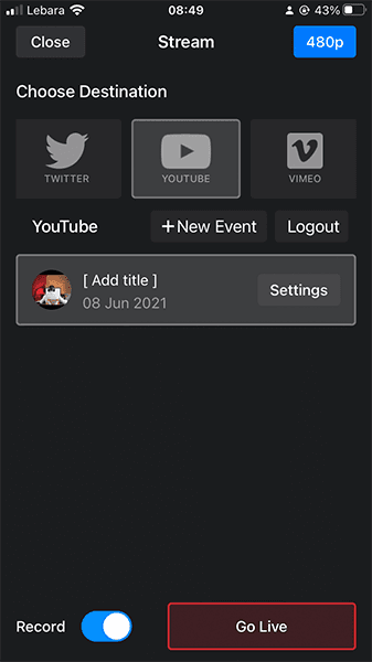 A screenshot of the Mevo Multicam app live stream settings.