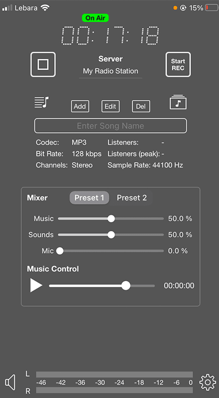 A screenshot showing the iziCast app's mixer for Music, Sounds & Microphone.