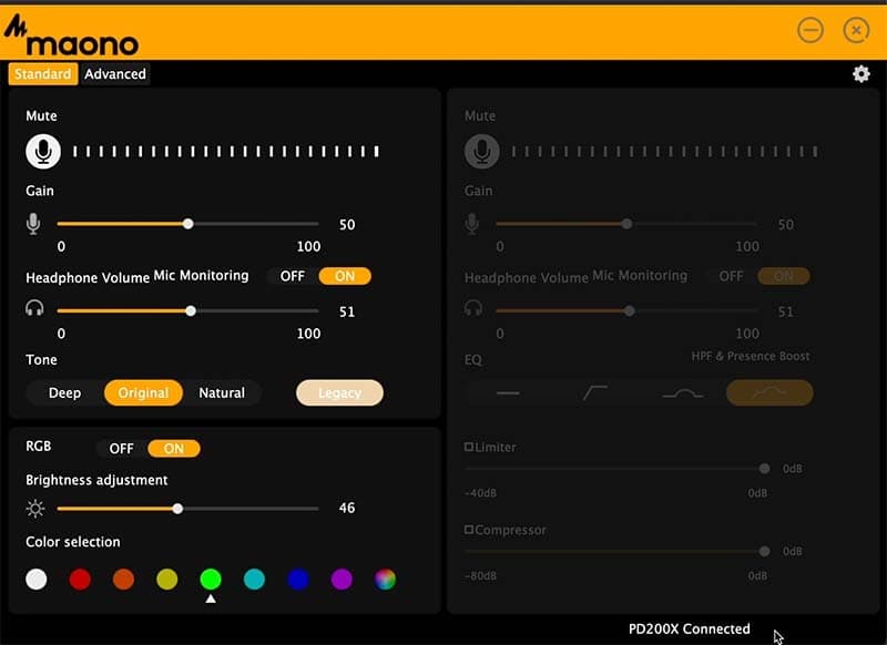 Image shows a screenshot of the Maono Link software. The screen is divided in to a left and right hand section. The left shows Standard settings such as the Tone settings and RGB settings. The right hand side shows advanced settings like the EQ, compressor and limiter.