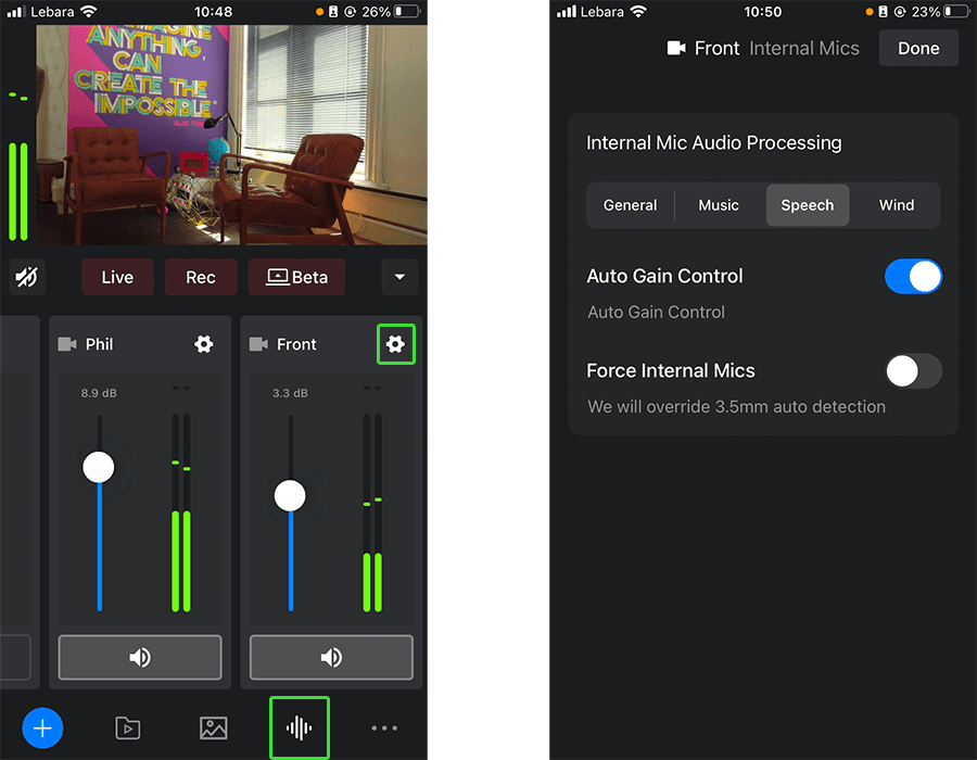 Two screenshots of the Mevo Multicam app. The left screenshot shows the faders for the Mevo's audio inputs. The right screenshot shows the settings for the Mevos internal microphone.