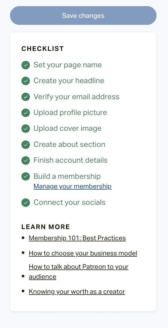 A screenshot of the checklist for launching a Patreon Page.