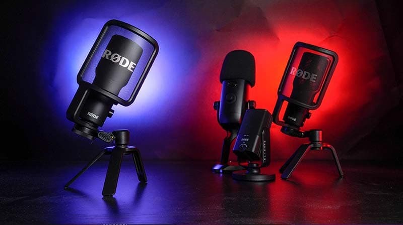 On the left hand side is the RODE NT-USB+ microphone which is illuminated by a blue light. On the righthand side is the Blue Yeti microphone, the RODE NT-USB Mini microphone & the RODE NT-USB microphone.