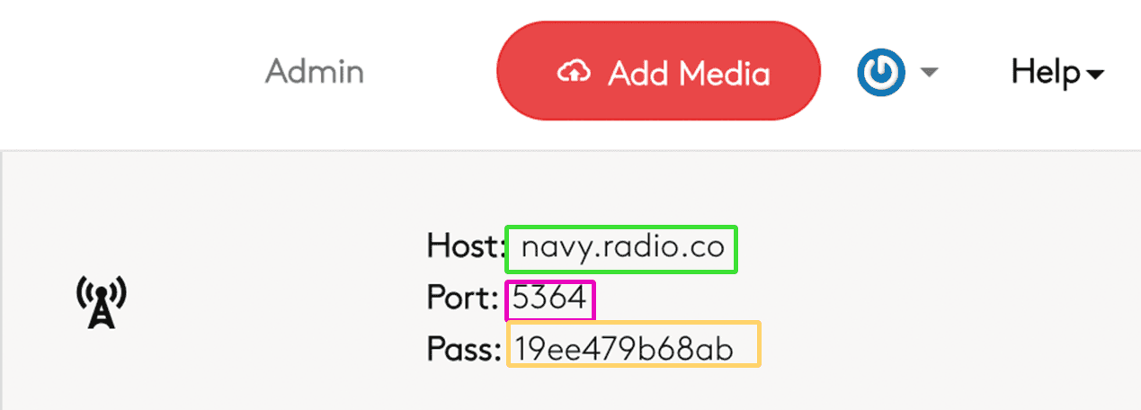 A screenshot showing an example of Radio.co connection details.