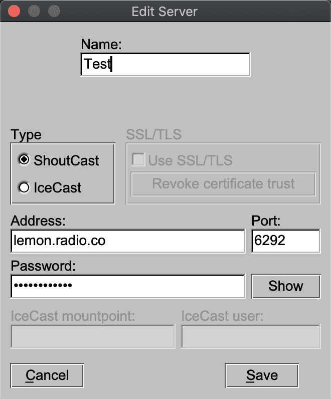 Rode Connect Setup for Radio BUTT Server Settings