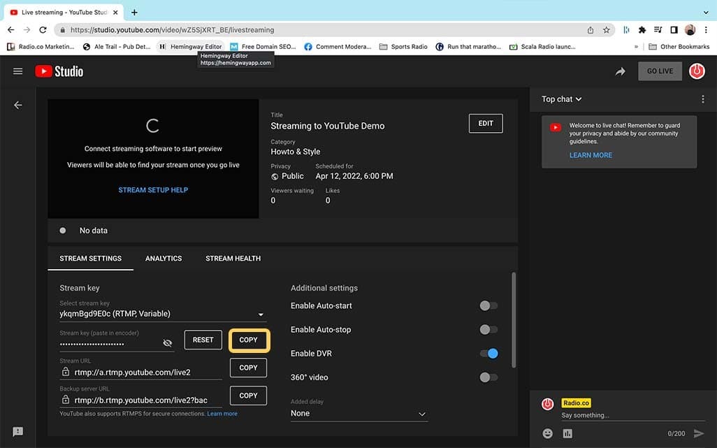 The final window when creating a live event in YouTube Studio. This page allows you to review details and copy the stream key.