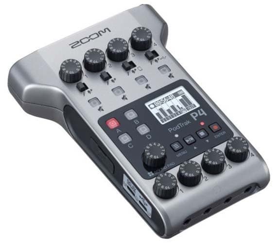 ALT: Image shows a silver PodTrak 4 audio interface and podcaster recorder.