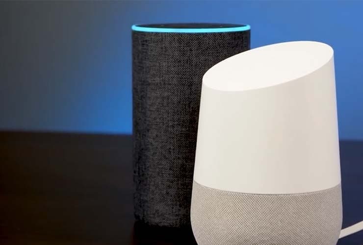 Alexa Skill and Google Home smart speakers, against a blue background.